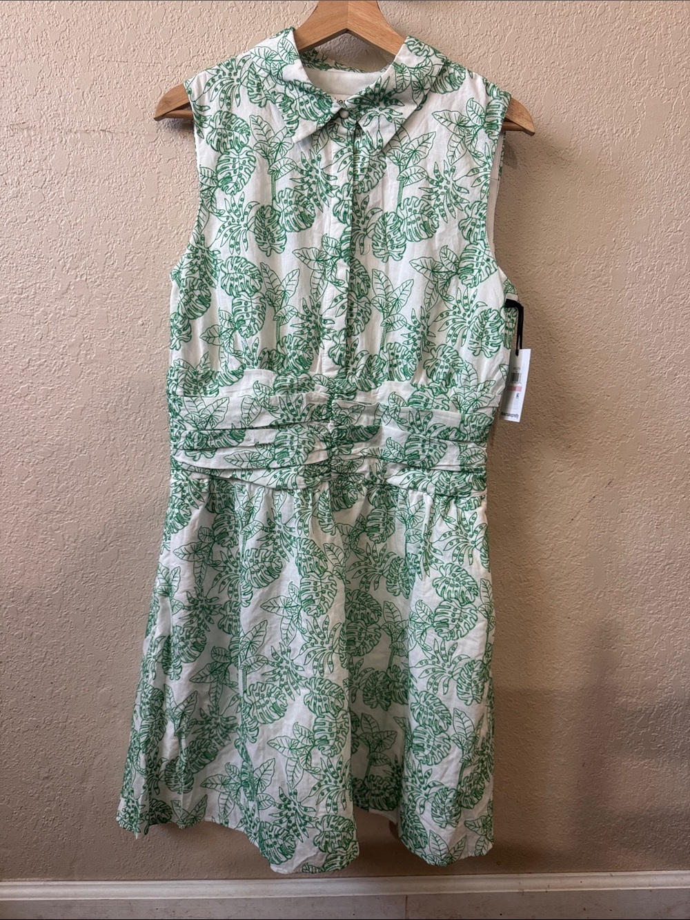 Kensie White Dress with Green Leaf Print and Collar